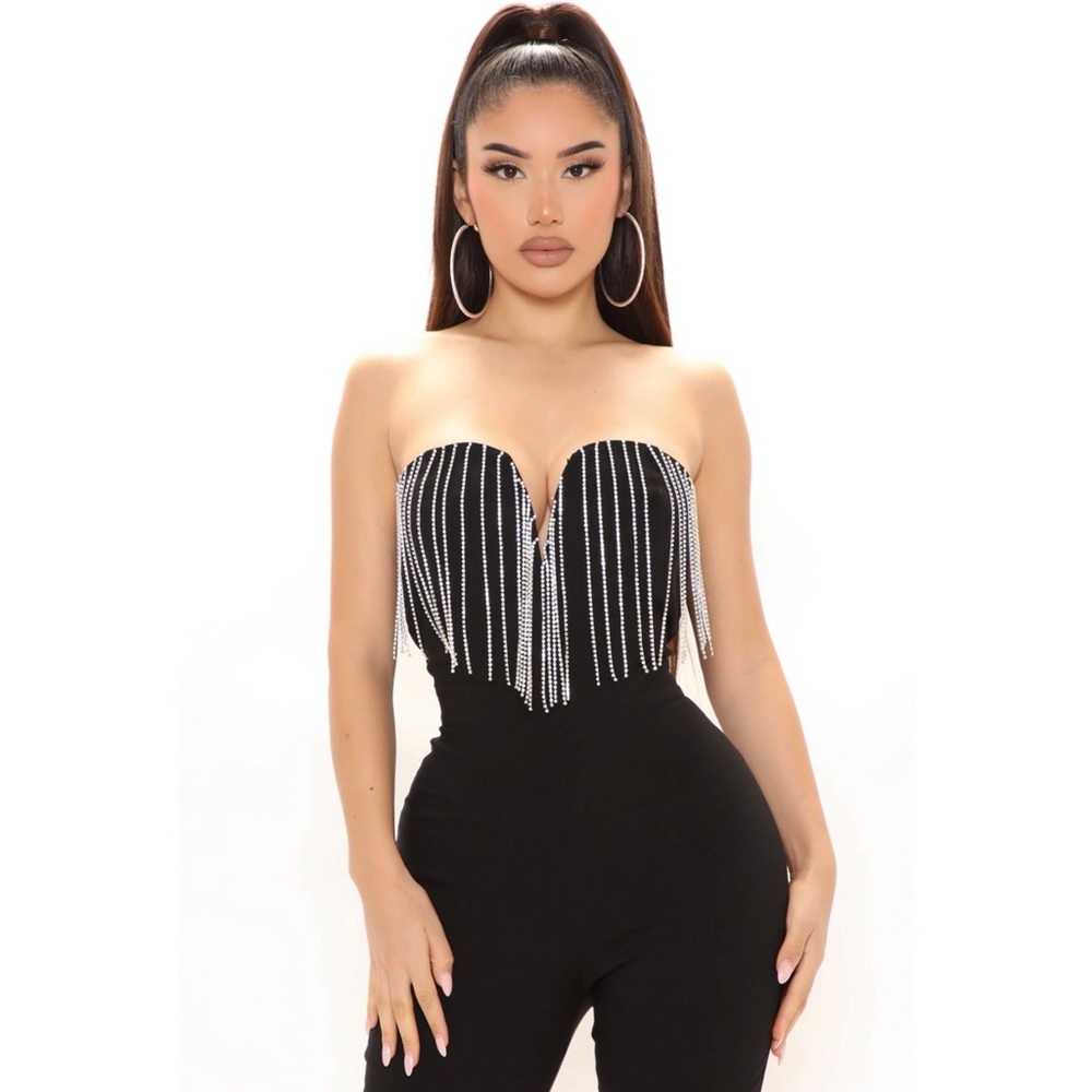 Rhinestone fringe black jumpsuit